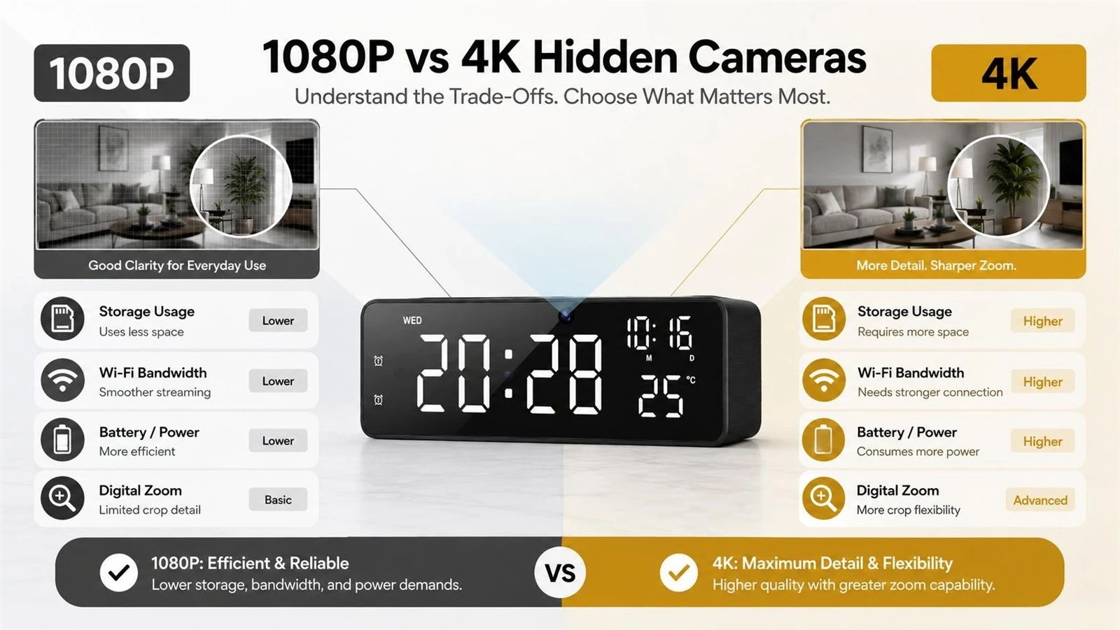 1080P vs 4K hidden camera comparison of storage, WiFi bandwidth, battery power, and digital zoom 1080P vs 4K hidden camera comparison of storage, WiFi bandwidth, battery power, and digital zoom